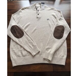 Chaps NWT Mens XL Cream Mock Neck Button Sweater Suede Elbow Patches